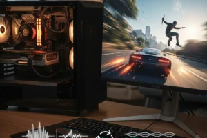 Imagen de una computadora gaming con un monitor que muestra un videojuego de carreras
