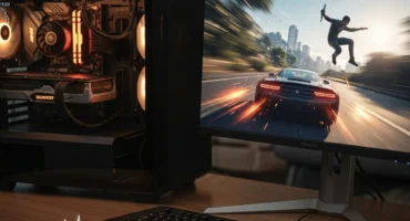 Imagen de una computadora gaming con un monitor que muestra un videojuego de carreras