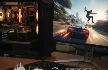 Imagen de una computadora gaming con un monitor que muestra un videojuego de carreras