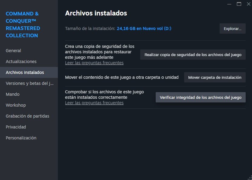 Aquí tienes un texto alternativo claro, descriptivo y útil: Texto alternativo: Panel de Steam en la sección “Archivos instalados” mostrando la opción “Verificar integridad de los archivos del juego” junto a botones para copia de seguridad y mover carpeta de instalación.