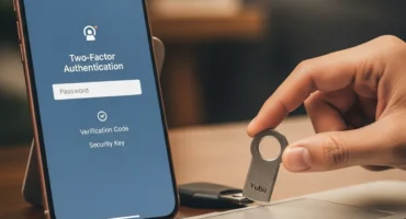Una persona utiliza una clave de seguridad Yubi para autenticación de dos factores en un teléfono móvil.
