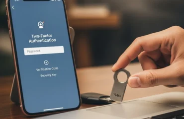 Una persona utiliza una clave de seguridad Yubi para autenticación de dos factores en un teléfono móvil.