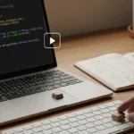 Una mano sobre una teclado de computadora portátil junto a una libreta con notas y un vaso en un escritorio.