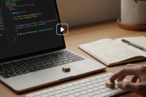Una mano sobre una teclado de computadora portátil junto a una libreta con notas y un vaso en un escritorio.