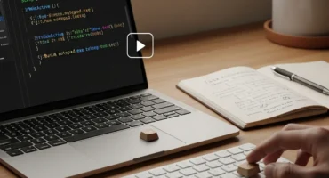 Una mano sobre una teclado de computadora portátil junto a una libreta con notas y un vaso en un escritorio.
