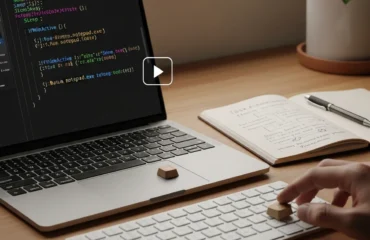 automatiza-tareas-windows-autohotkey Una mano sobre una teclado de computadora portátil junto a una libreta con notas y un vaso en un escritorio.