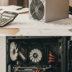 Fuente de alimentación de computadora y componentes internos en un escritorio con documentos y calculadora.