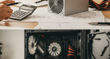 Fuente de alimentación de computadora y componentes internos en un escritorio con documentos y calculadora.