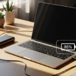 Laptop conectada a una batería externa, mostrando una carga del 95% en un entorno luminoso.