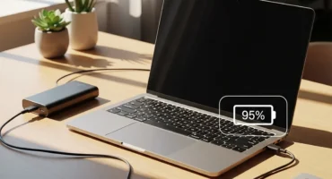 Laptop conectada a una batería externa, mostrando una carga del 95% en un entorno luminoso.