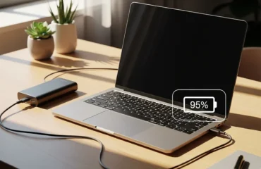 calibrar-maximizar-duracion-bateria-portatil Laptop conectada a una batería externa, mostrando una carga del 95% en un entorno luminoso.