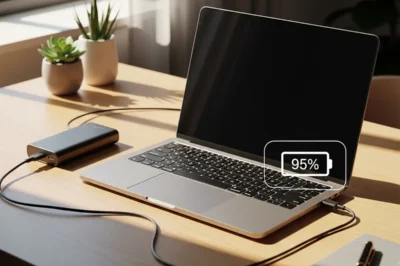 Laptop conectada a una batería externa, mostrando una carga del 95% en un entorno luminoso.