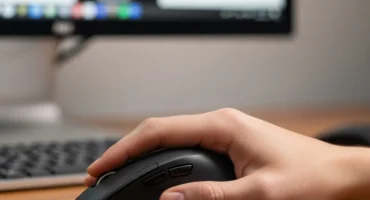 Una mano sostiene un mouse negro frente a una computadora.