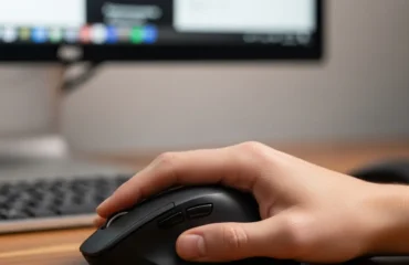 como-elegir-raton-ergonomico Una mano sostiene un mouse negro frente a una computadora.