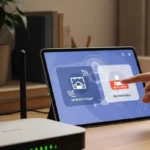 Una persona toca la pantalla de una tablet donde están las opciones de red principal y red de invitados.