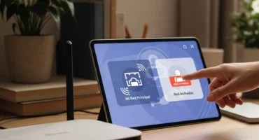 Una persona toca la pantalla de una tablet donde están las opciones de red principal y red de invitados.