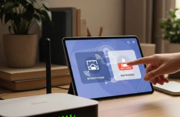 Una persona toca la pantalla de una tablet donde están las opciones de red principal y red de invitados.
