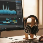 Pantalla de computadora mostrando un software de edición de audio, con auriculares apoyados en un soporte al lado.