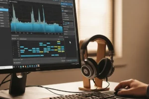 Pantalla de computadora mostrando un software de edición de audio, con auriculares apoyados en un soporte al lado.