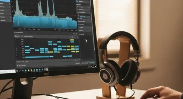 Pantalla de computadora mostrando un software de edición de audio, con auriculares apoyados en un soporte al lado.