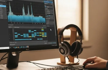 Pantalla de computadora mostrando un software de edición de audio, con auriculares apoyados en un soporte al lado.
