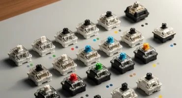 Conjunto de interruptores mecánicos para teclados dispuestos en una superficie plana.