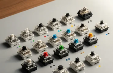 guia-switches-teclados-mecanicos Conjunto de interruptores mecánicos para teclados dispuestos en una superficie plana.