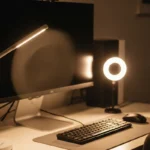 Mujer sentada en setup, con dos lamparas de luz calida en frente de un monitor