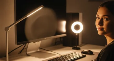 Mujer sentada en setup, con dos lamparas de luz calida en frente de un monitor