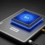 Dispositivo electrónico con una pantalla táctil iluminada y el logo "BI3" sobre una base gris.