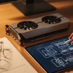 Una persona utiliza un lápiz óptico sobre una tablet mientras planifica un diseño técnico, con una tarjeta gráfica y documentos en la mesa.