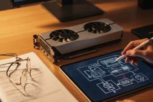 Una persona utiliza un lápiz óptico sobre una tablet mientras planifica un diseño técnico, con una tarjeta gráfica y documentos en la mesa.