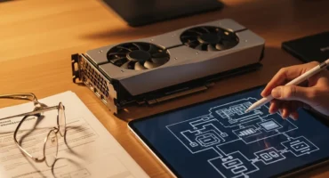 Una persona utiliza un lápiz óptico sobre una tablet mientras planifica un diseño técnico, con una tarjeta gráfica y documentos en la mesa.