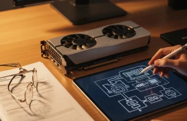 interpretar-especificaciones-tarjeta-grafica-gpu Una persona utiliza un lápiz óptico sobre una tablet mientras planifica un diseño técnico, con una tarjeta gráfica y documentos en la mesa.