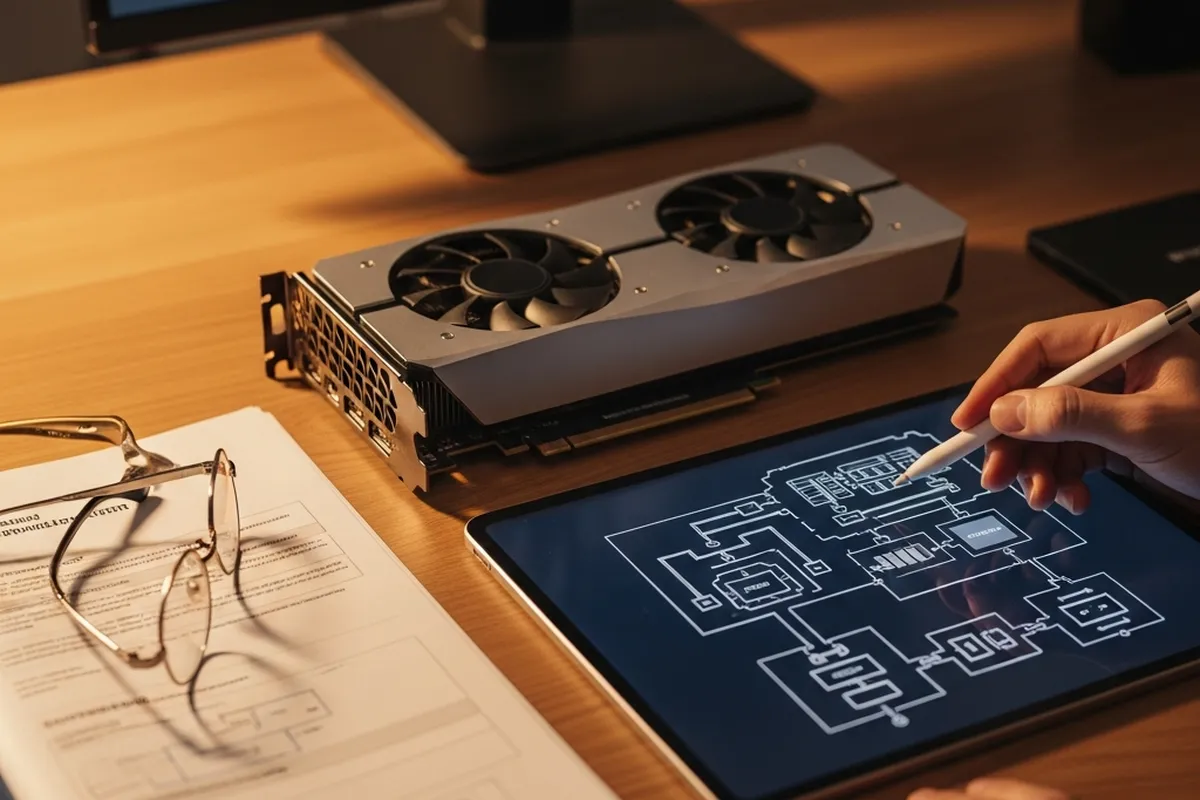 interpretar-especificaciones-tarjeta-grafica-gpu Una persona utiliza un lápiz óptico sobre una tablet mientras planifica un diseño técnico, con una tarjeta gráfica y documentos en la mesa.