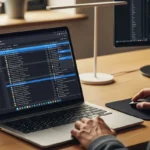 Persona trabajando en una computadora portátil en un escritorio, con pantallas que muestran código y aplicaciones.
