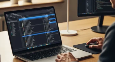 Persona trabajando en una computadora portátil en un escritorio, con pantallas que muestran código y aplicaciones.