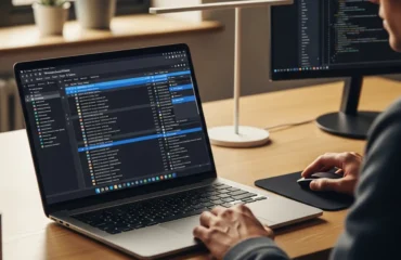 interpretar-logs-eventos-windows-diagnosticar-problemas Persona trabajando en una computadora portátil en un escritorio, con pantallas que muestran código y aplicaciones.