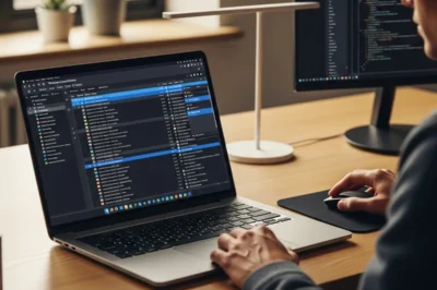 Persona trabajando en una computadora portátil en un escritorio, con pantallas que muestran código y aplicaciones.