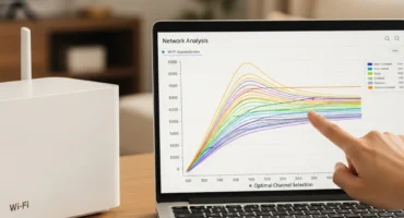 Análisis de red que muestra gráficos de selección de canal óptimo en una laptop junto a un router Wi-Fi.