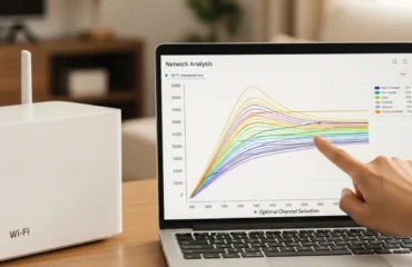 mejor-canal-wifi-evitar-interferencias Análisis de red que muestra gráficos de selección de canal óptimo en una laptop junto a un router Wi-Fi.