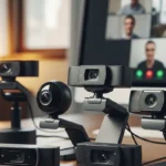 Varios modelos de cámaras web están organizados en una mesa frente a una pantalla que muestra una videoconferencia.