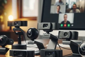 Varios modelos de cámaras web están organizados en una mesa frente a una pantalla que muestra una videoconferencia.
