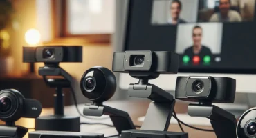 Varios modelos de cámaras web están organizados en una mesa frente a una pantalla que muestra una videoconferencia.