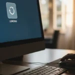 Pantalla de computadora con un ícono de "cargando" y una mano usando el mouse