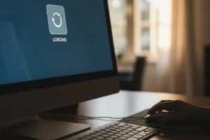 Pantalla de computadora con un ícono de "cargando" y una mano usando el mouse