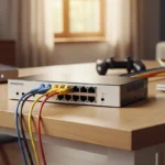 Un conmutador de red con varios cables conectados, ubicado sobre una mesa en un entorno luminoso.