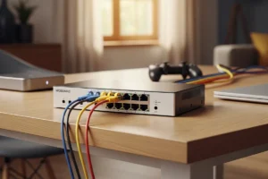 Un conmutador de red con varios cables conectados, ubicado sobre una mesa en un entorno luminoso.