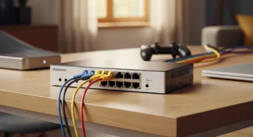 Un conmutador de red con varios cables conectados, ubicado sobre una mesa en un entorno luminoso.