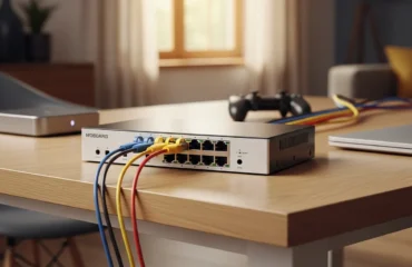 que-es-switch-de-red Un conmutador de red con varios cables conectados, ubicado sobre una mesa en un entorno luminoso.
